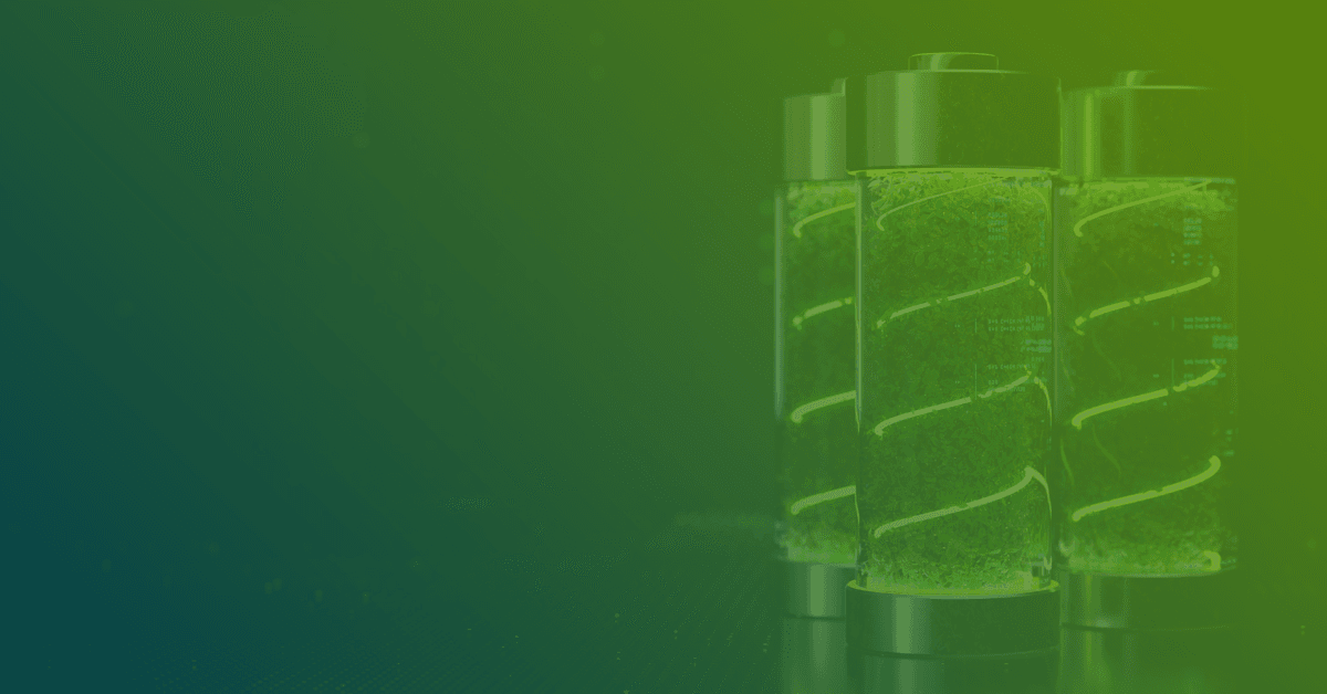 Three transparent battery cells filled with a green liquid, featuring spiral designs and a high-tech digital display motif.