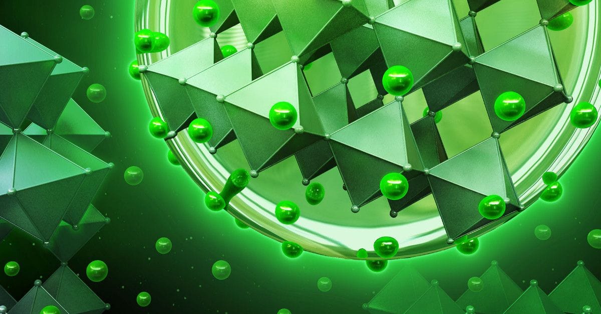 An abstract scientific illustration of green crystalline structures with spherical nodes, representing halide perovskite materials.