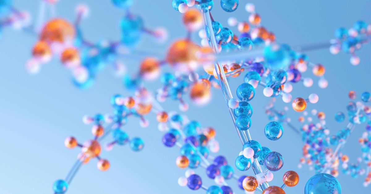 Scientific 3D visualization of protein and nucleic acid degradation, depicted as interconnected blue and orange atoms and bonds.