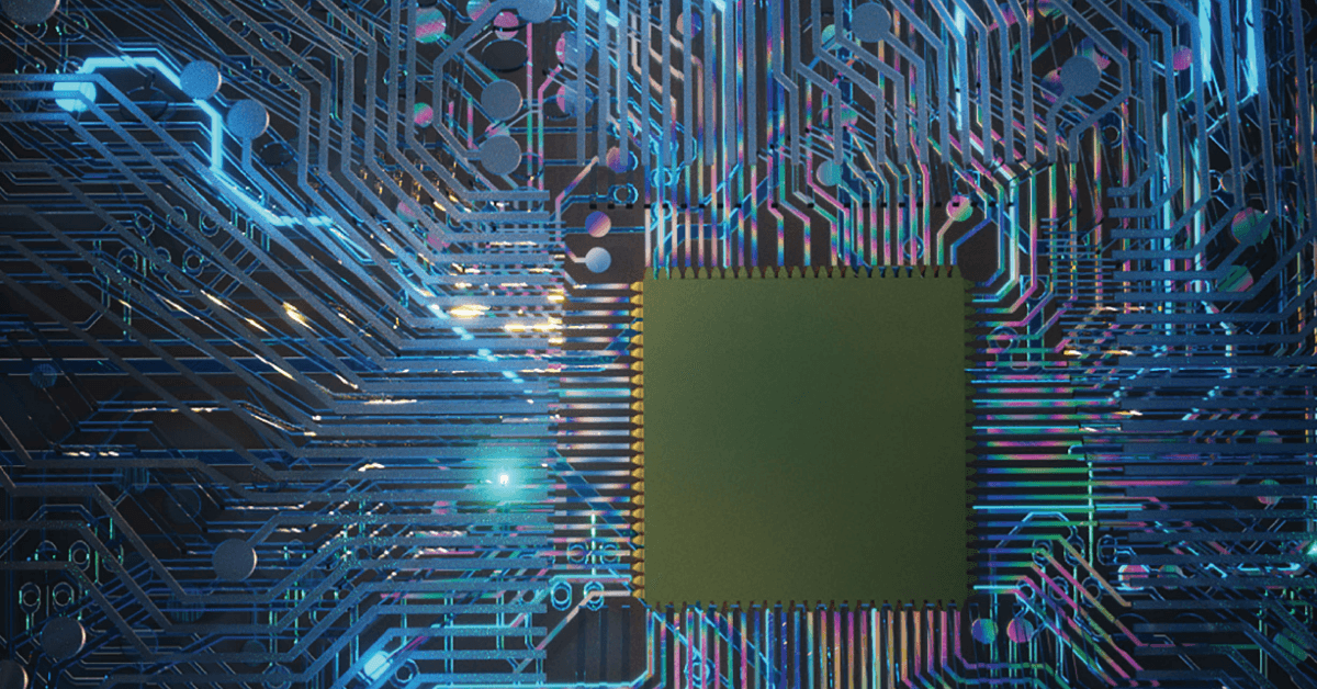 Close-up illustration of a computer microchip surrounded by glowing circuit traces in blue and multicolored tones.