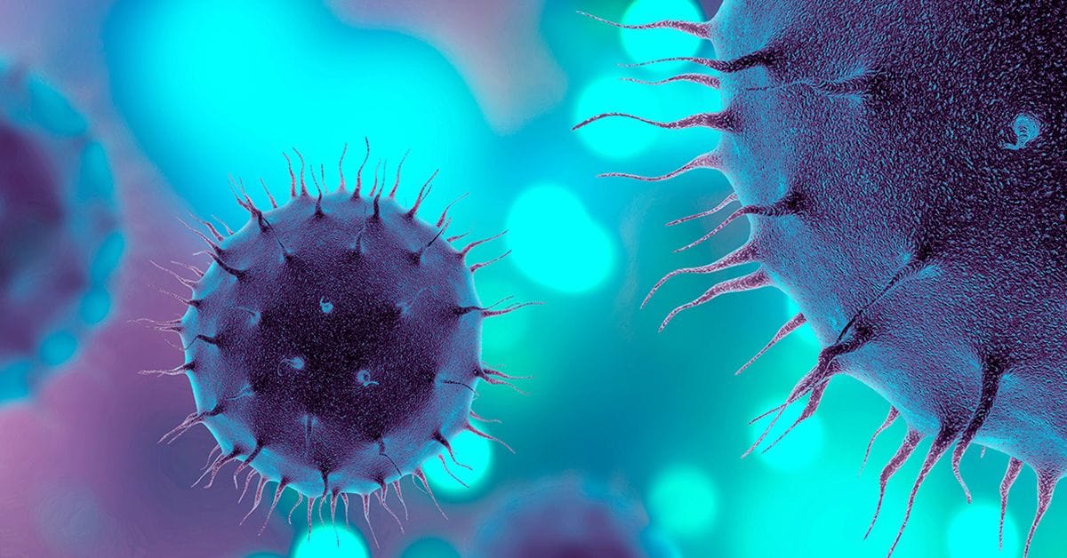 Digital illustration of a virus particle near a human cell, depicting a microscopic view of a viral infection.