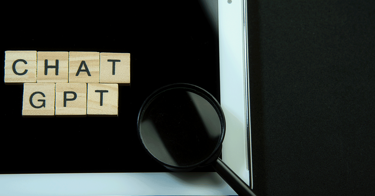 magnifying glass with letters spelling "Chat GPT"