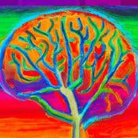 A colorful painting of a tree in the shape of a brain.