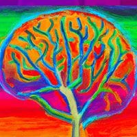 A colorful painting of a tree in the shape of a brain.