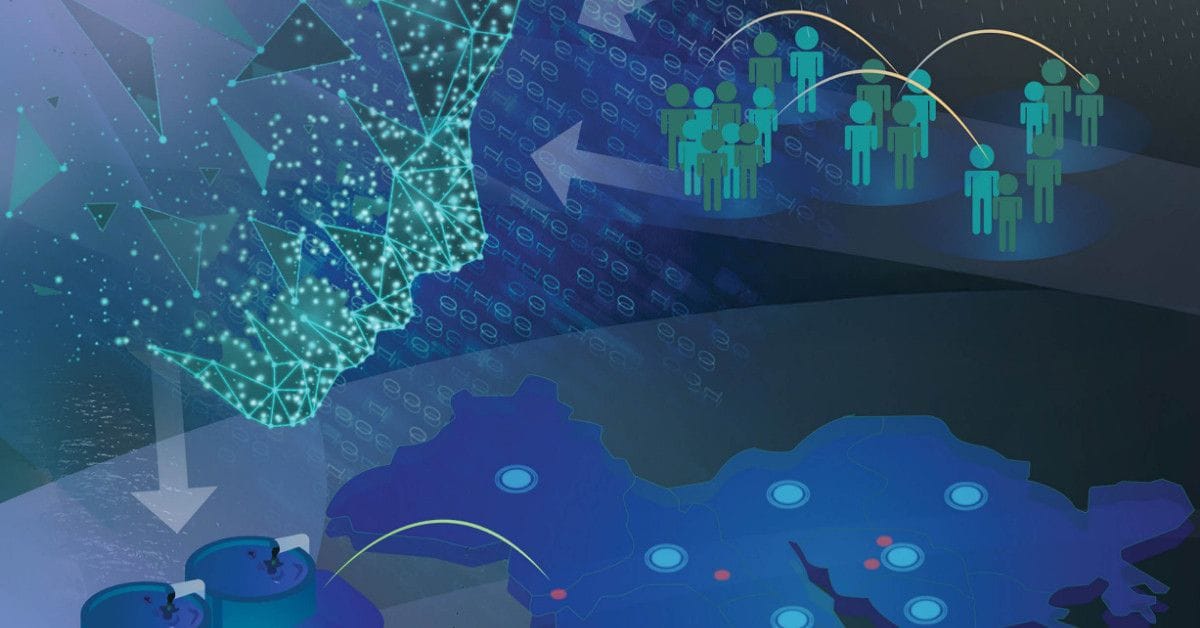 Digital graphic featuring a wireframe human face, population icons, arrows, and a regional map over a blue data-themed background.