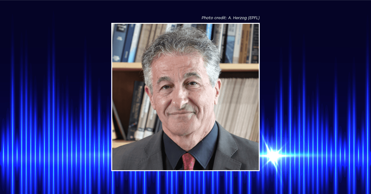 A headshot of Prof. Majed Chergui against a glowing blue background with abstract audio waveforms on either side of the photo.