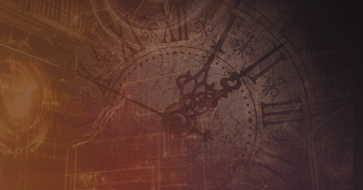 A large vintage clock face with Roman numerals and ornate hands is overlaid on a dimly lit library background, creating a blend of time and knowledge imagery.
