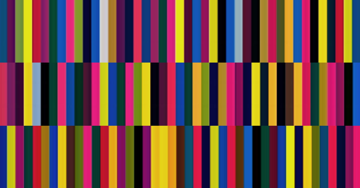 Abstract artwork composed of tightly packed vertical stripes in vivid colors, including red, yellow, blue, pink, green, and black—arranged in three horizontal bands to create a bold, rhythmic pattern