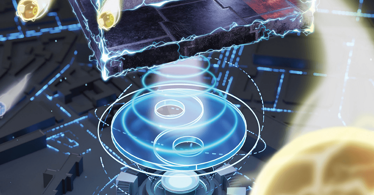 Digital 3D illustration of 2D materials and device technology, showing a thin crystalline slab suspended by blue electrical arcs above a glowing holographic energy vortex set against a high-tech circuit board background.