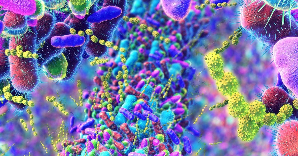A colorful microscopic illustration of diverse bacteria and microorganisms in shades of blue, purple, pink, and green with yellow spherical chains scattered throughout.