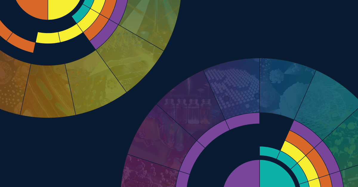 Colorful circular data visualizations with segments showcasing various scientific imagery on a dark background.