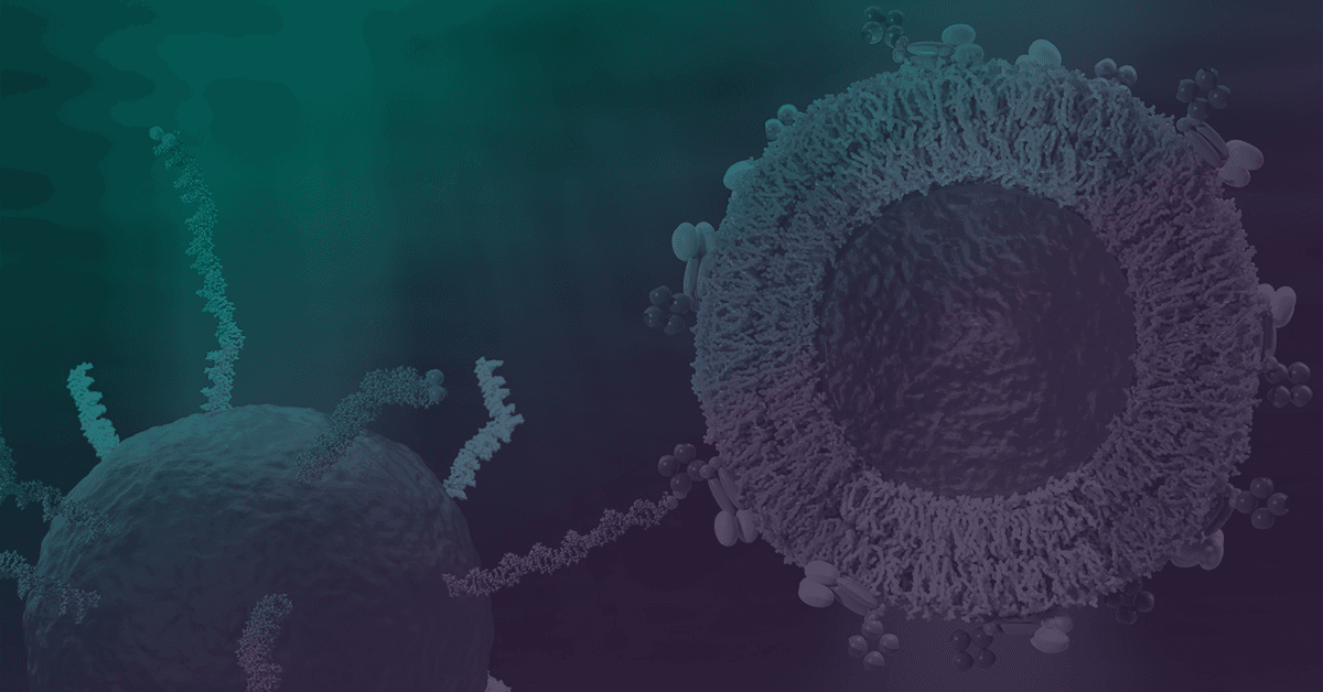 Close-up illustration of two abstract, textured spherical structures with tendrils against a gradient background, one in green and the other in purple.