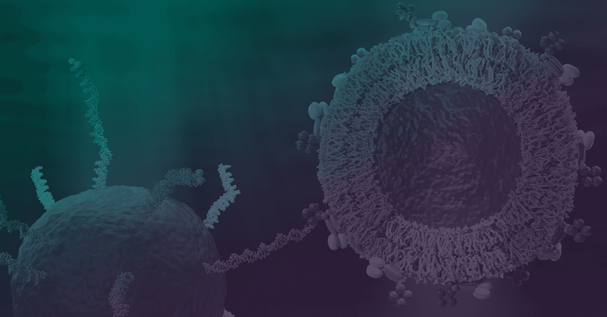 Close-up illustration of two abstract, textured spherical structures with tendrils against a gradient background, one in green and the other in purple.