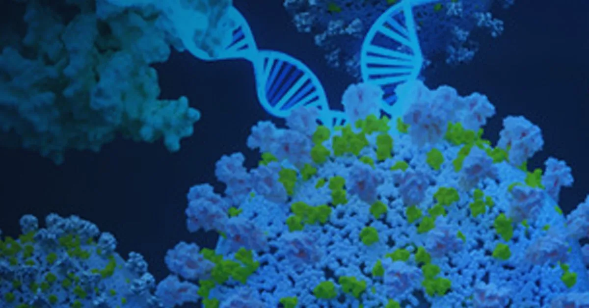 An Abstract depiction of DNA helix intertwined with colorful molecular structures, representing genetic and biological research themes.