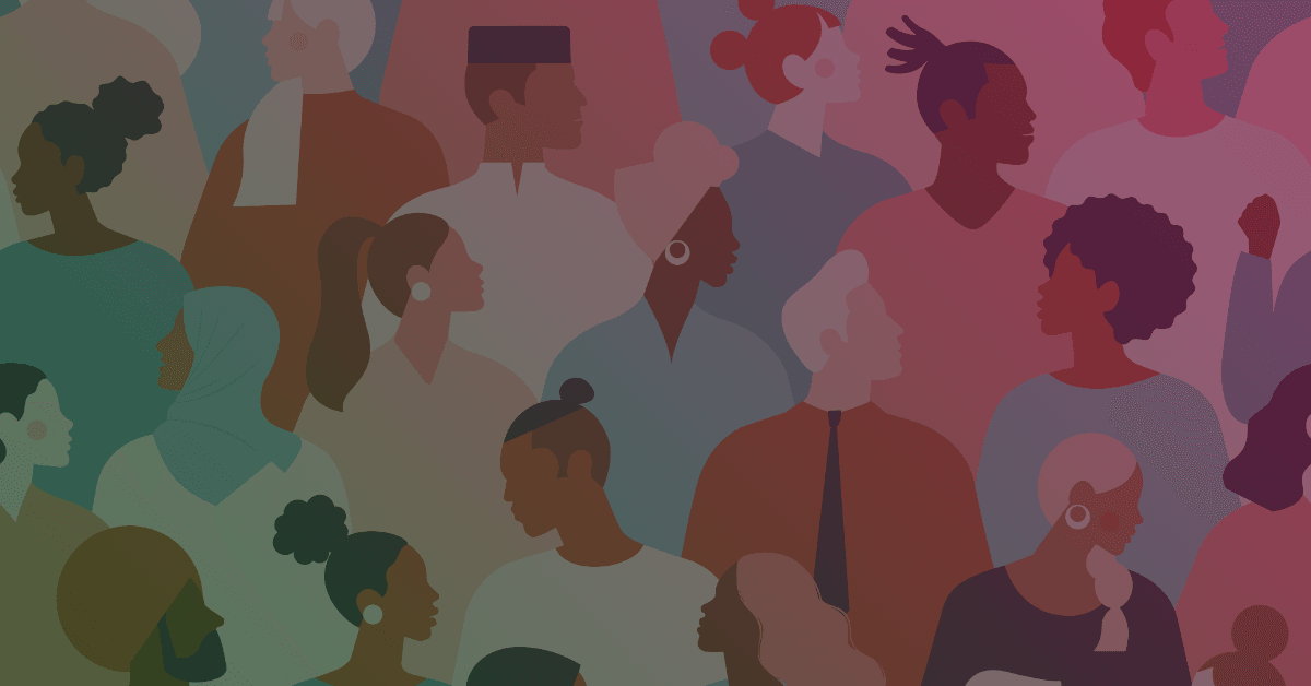 A colorful collage of diverse silhouettes and profiles representing a multicultural community, with various hairstyles and attire.