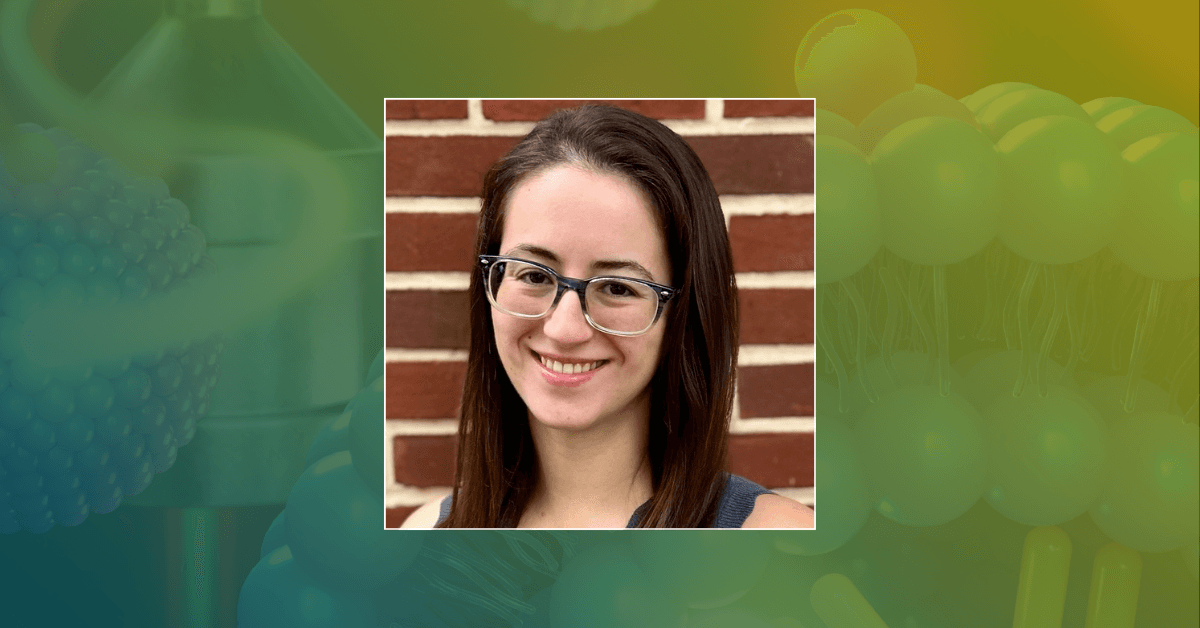 A headshot of Rocio Vidal-Ronchas layered on top of a gradient background with abstract molecular and scientific imagery.