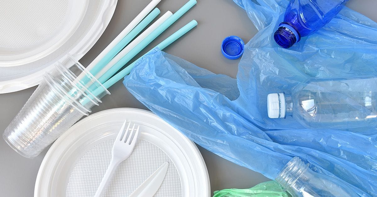 A collection of single-use plastic products, including plates, forks, knives, produce bags, straws, cups, bottles.