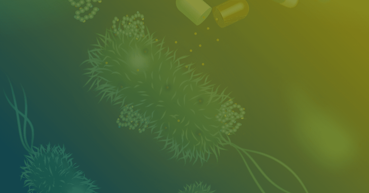 An Abstract illustration of bacteria surrounded by colorful capsules, symbolizing medication and microbial interactions against a gradient background.