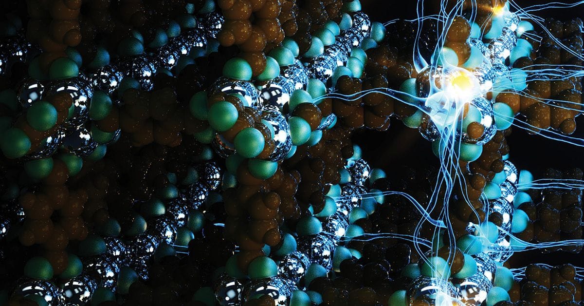 The neurons of artificial neural networks, representing the big-data approach to chemistry, become one with the framework of a metal-organic framework (figure by Alexander Tokarev).