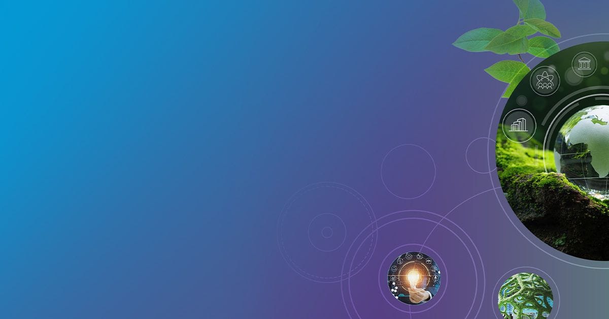 A blue background with images of plants and trees.