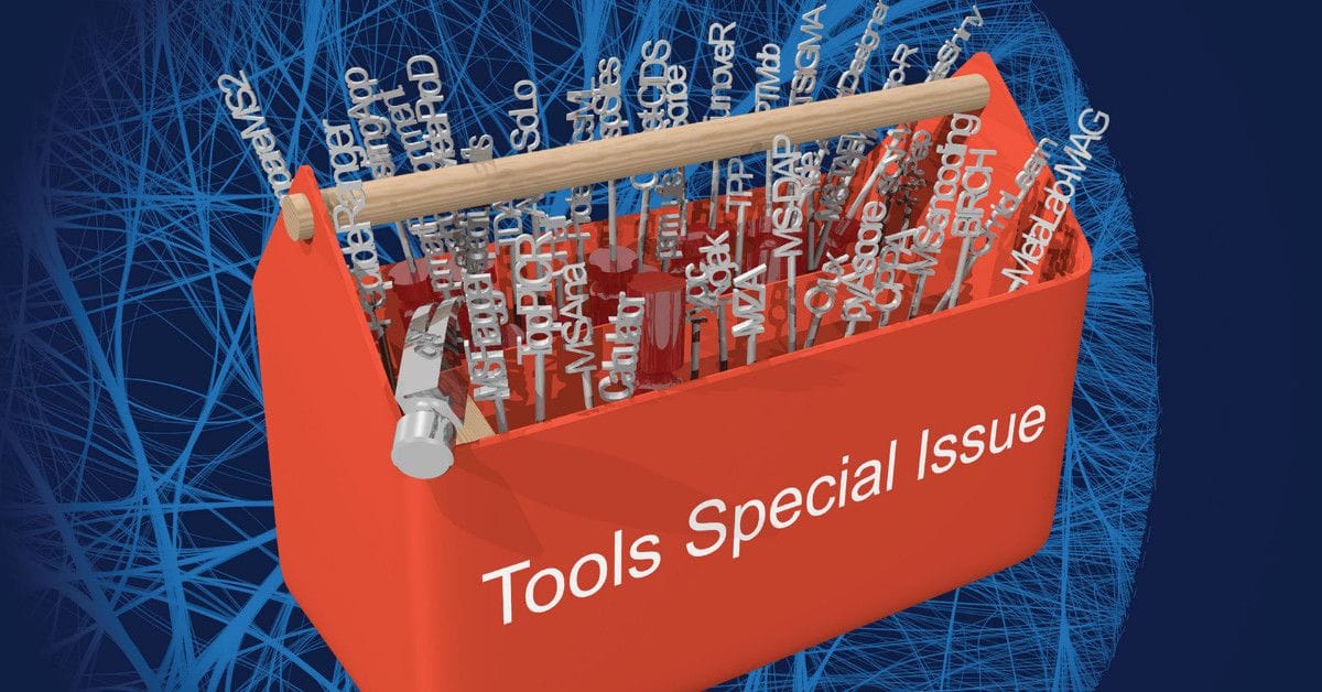 Illustration of a red toolbox labeled “Tools Special Issue,” filled with software‑related terms and tools, with a hammer and screwdriver on a blue network‑style background.