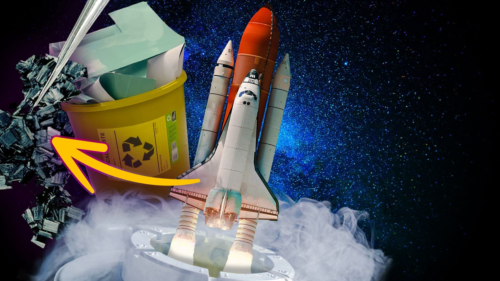 A collage showing a space shuttle launching against a star-filled sky, with clouds of exhaust below. To the left, a yellow recycling bin filled with plastic and lab materials is shown, along with metallic cubes and an orange arrow pointing from the rocket toward the recycled materials.