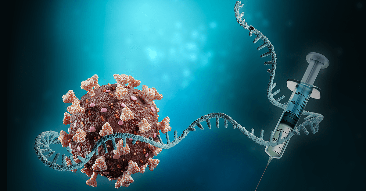 A 3D rendering of a virus-like particle connected by a winding RNA strand to a syringe against a blue background.