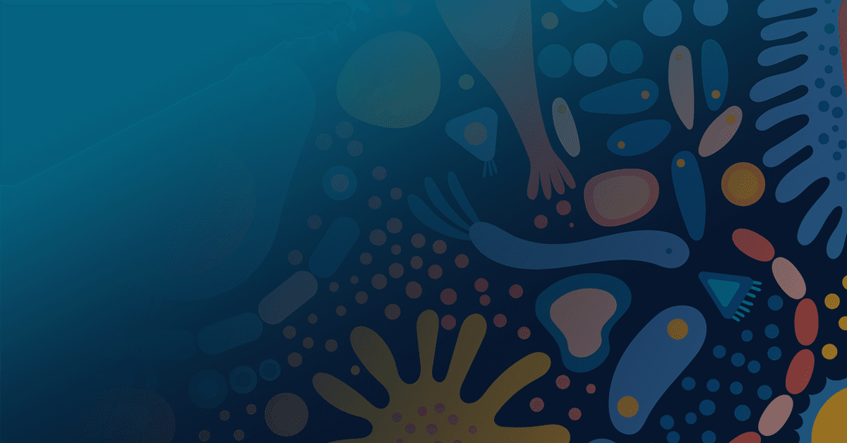 Abstract illustration featuring various organic shapes and patterns in blue, orange, and yellow hues on a dark background.