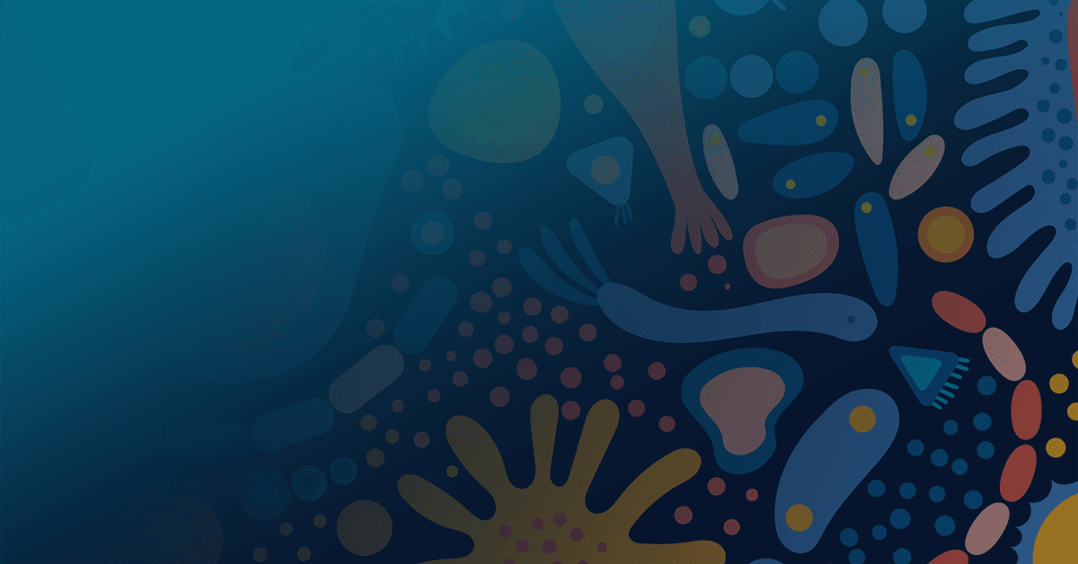 Abstract illustration featuring various organic shapes and patterns in blue, orange, and yellow hues on a dark background.