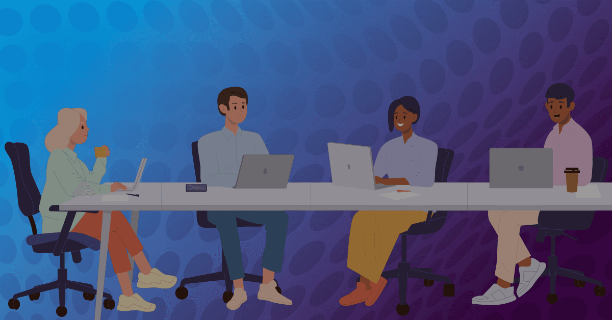 A digital illustration of four professionals in a meeting with laptops and coffee on the table.