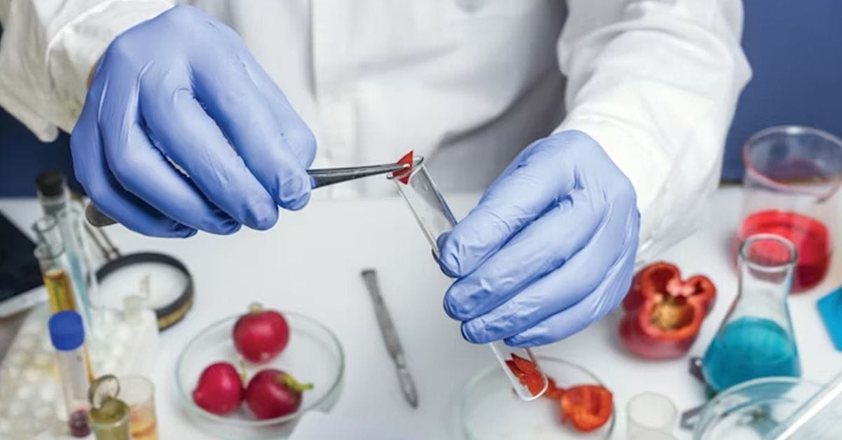 A scientist in a lab testing various foods and flavor compounds, holding a test tube with blue nitrile gloves.