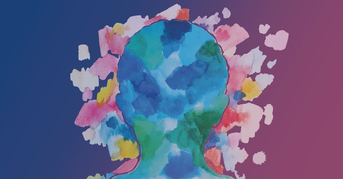 A silhouette of a head filled with colorful watercolor patterns on a gradient background ranging from blue to purple, with splashes of various colors surrounding it.