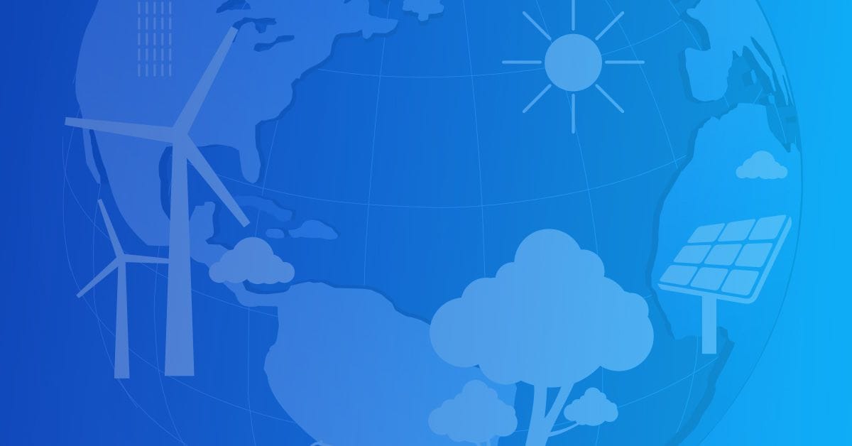 A blue background with wind turbines and trees.