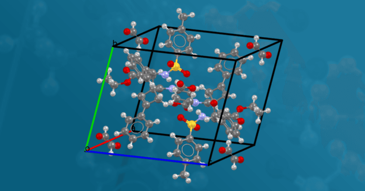 A 3D molecular structure within a cube, showcasing various colored atoms representing different elements against a blue background.