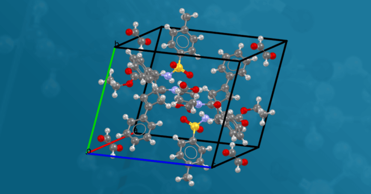 A 3D molecular structure within a cube, showcasing various colored atoms representing different elements against a blue background.