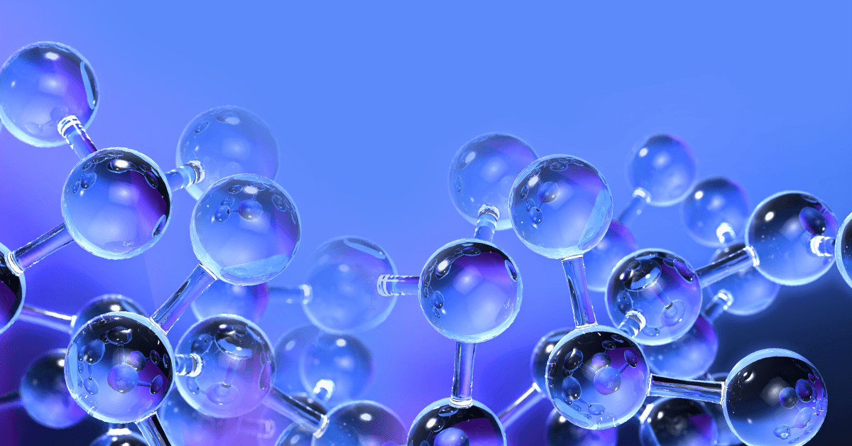 A close-up illustration of interconnected transparent molecular spheres and rods against a blue and purple gradient background, representing a stylized molecular or chemical structure.