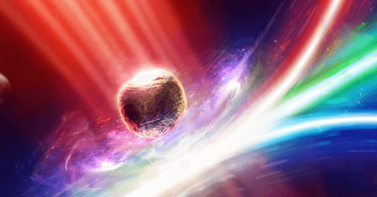 Artistic rendering of a golden-brown rocky planet illuminated by radiant beams of red, green, blue, and white light streaking across a dark cosmic background