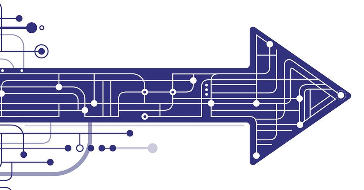 A stylized graphic of a navy blue arrow composed of circuit lines and nodes, pointing to the right against a white background.