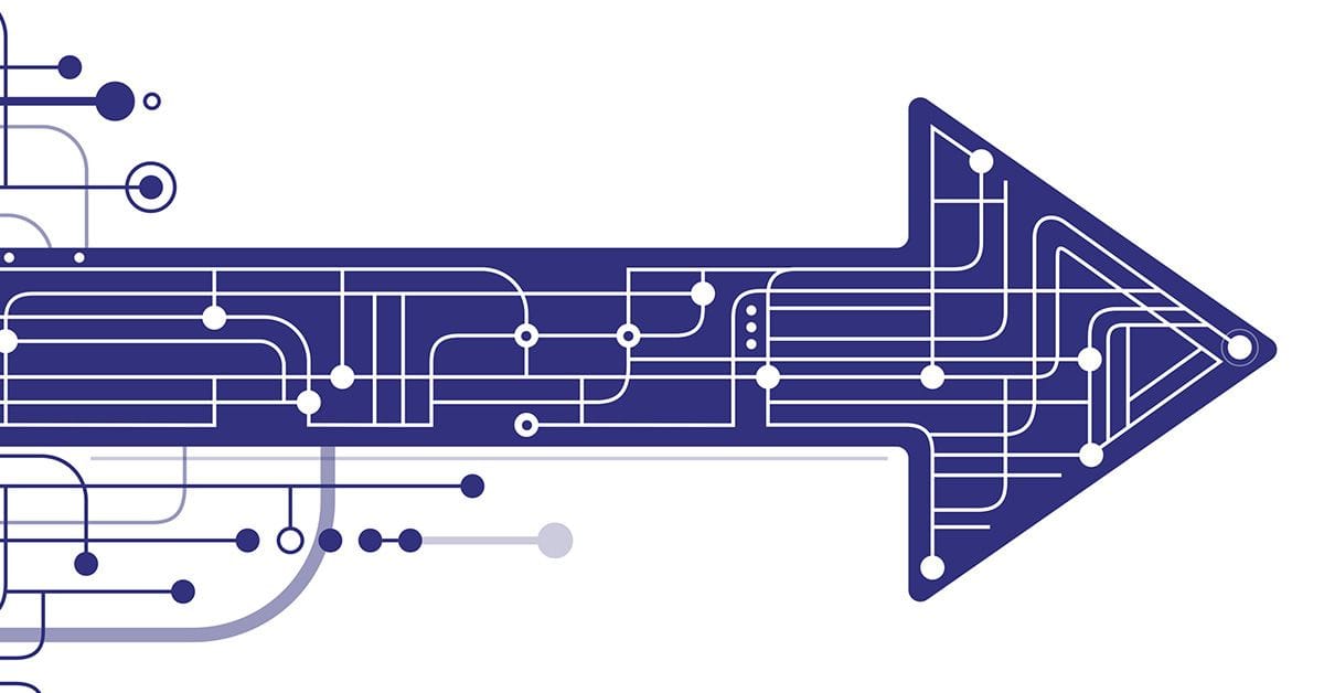 A stylized graphic of a navy blue arrow composed of circuit lines and nodes, pointing to the right against a white background.