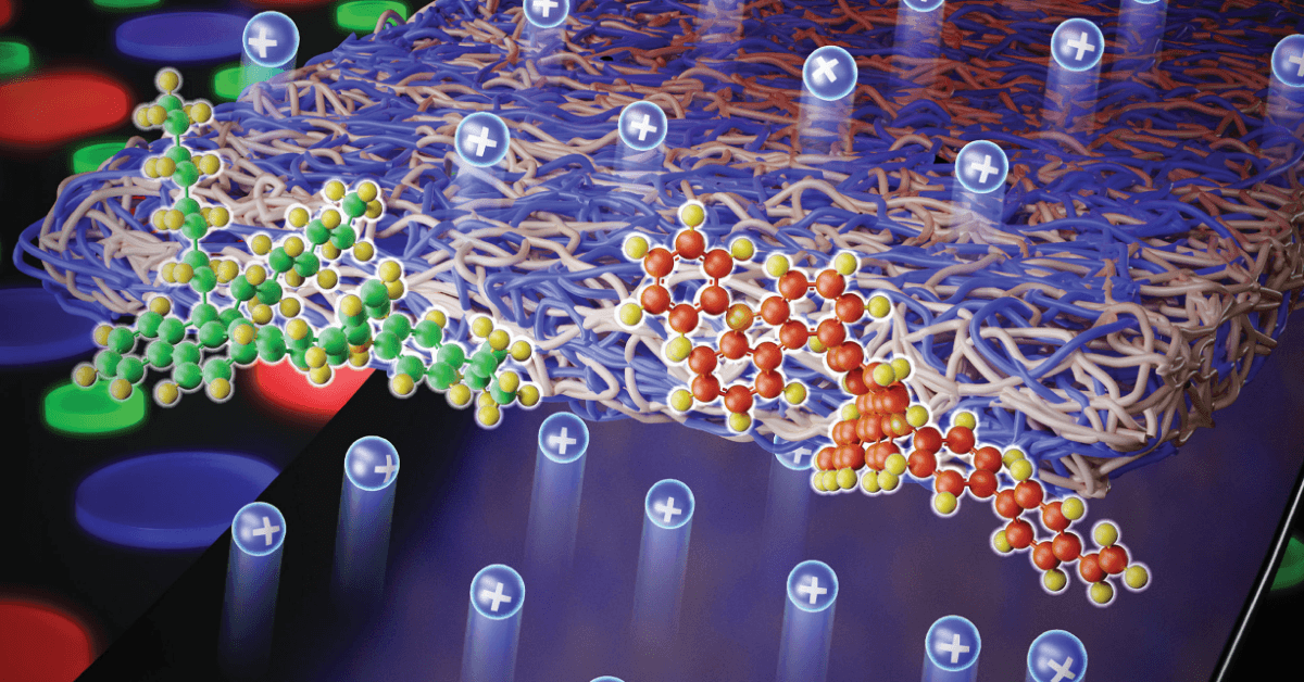 3D illustration of a thin polymer film with molecular structures and charged particles above a glowing display.