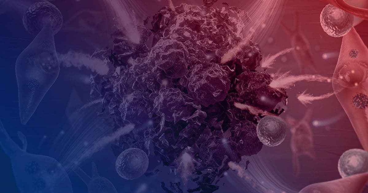 An image of a cancer cell in a blue and red background.