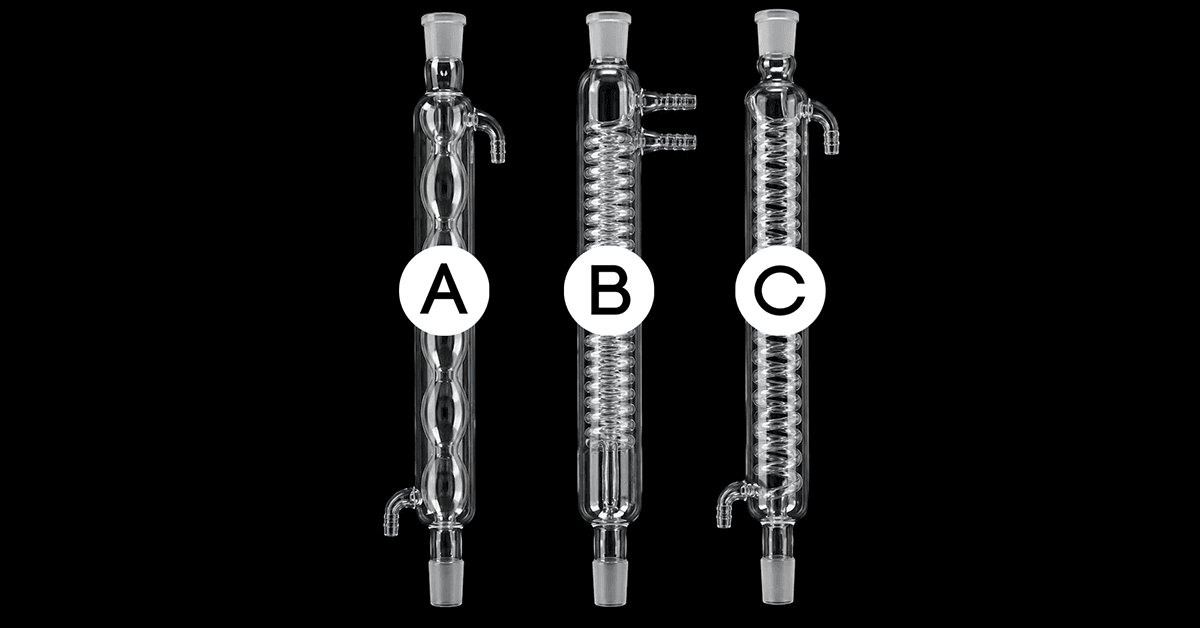 Three labeled condenser types (A, B, and C), from left to right: Allihn (A), Dimroth (B), and Graham (C).