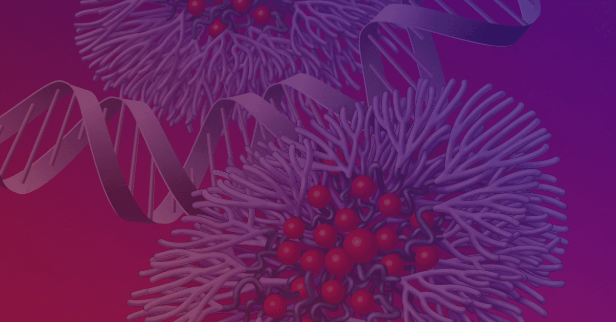 3D illustration of DNA strands intertwined with biological structures, set against a vibrant purple gradient background.