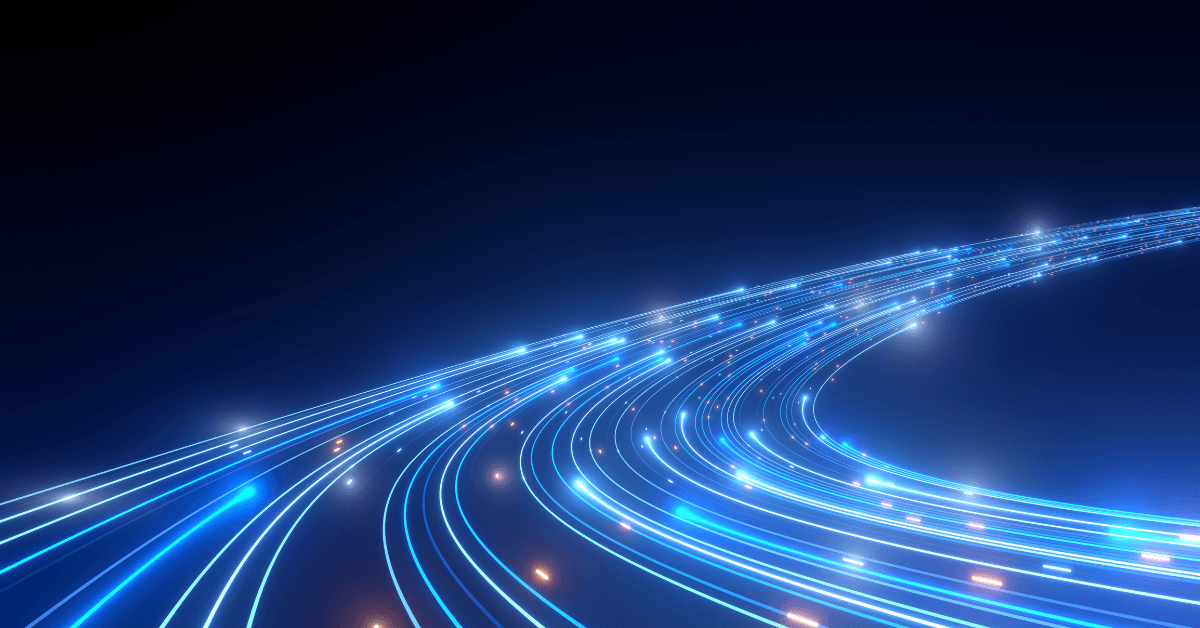 An Abstract digital illustration showing curved, glowing blue lines representing flowing data or signals against a dark background.