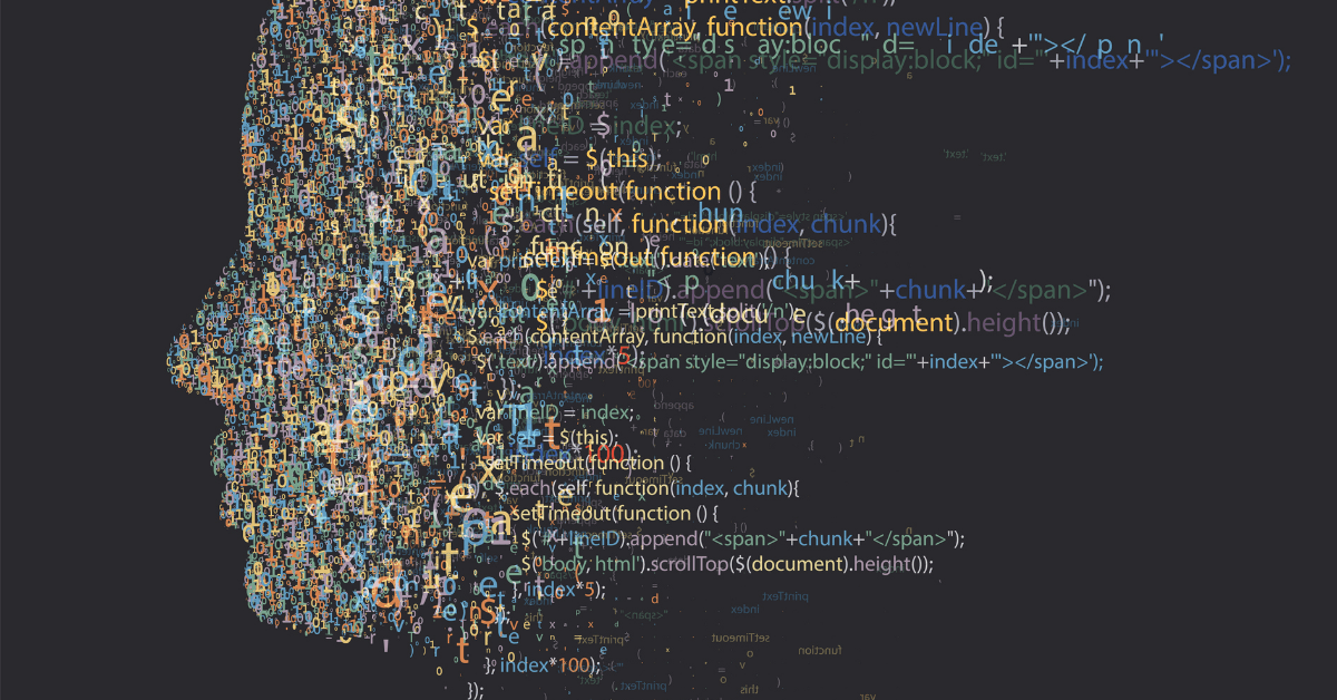 Abstract illustration of a human profile formed from overlapping lines of computer code and symbols against a dark background.