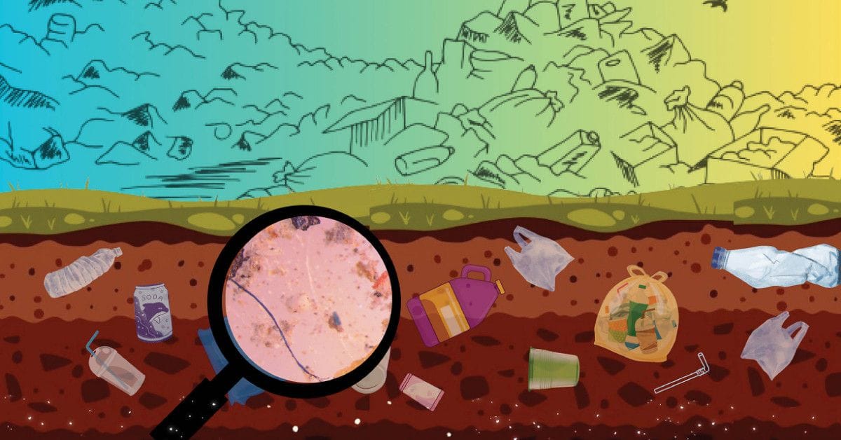 Illustration showing plastic waste buried in soil, with a magnifying glass highlighting tiny microplastic particles beneath a polluted landscape.