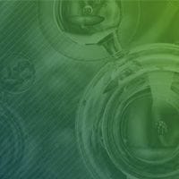 Abstract green‑toned illustration with translucent laboratory glassware and circular design elements in the background.