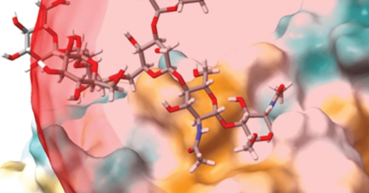 Close‑up 3D visualization of interconnected molecular models, with red, gray, and white atoms floating over a blurred, multicolored surface.