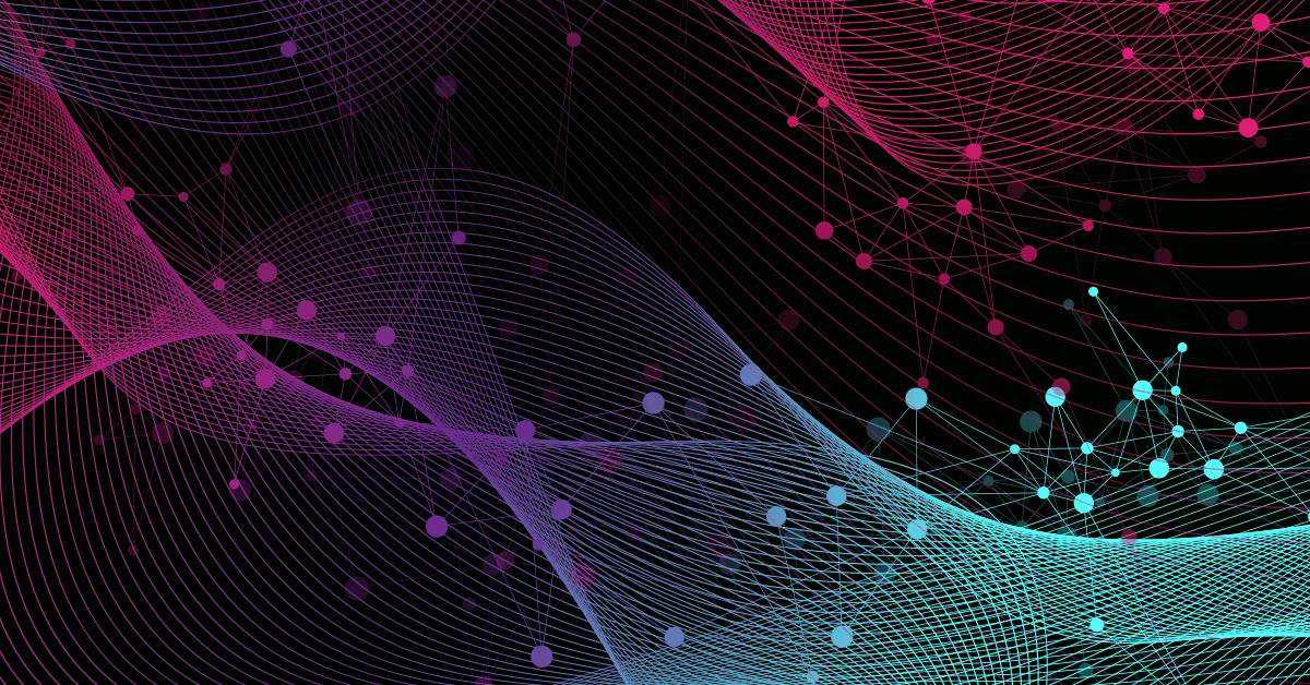 An abstract digital rendering of flowing lines and dots in shades of pink, purple, and light teal.