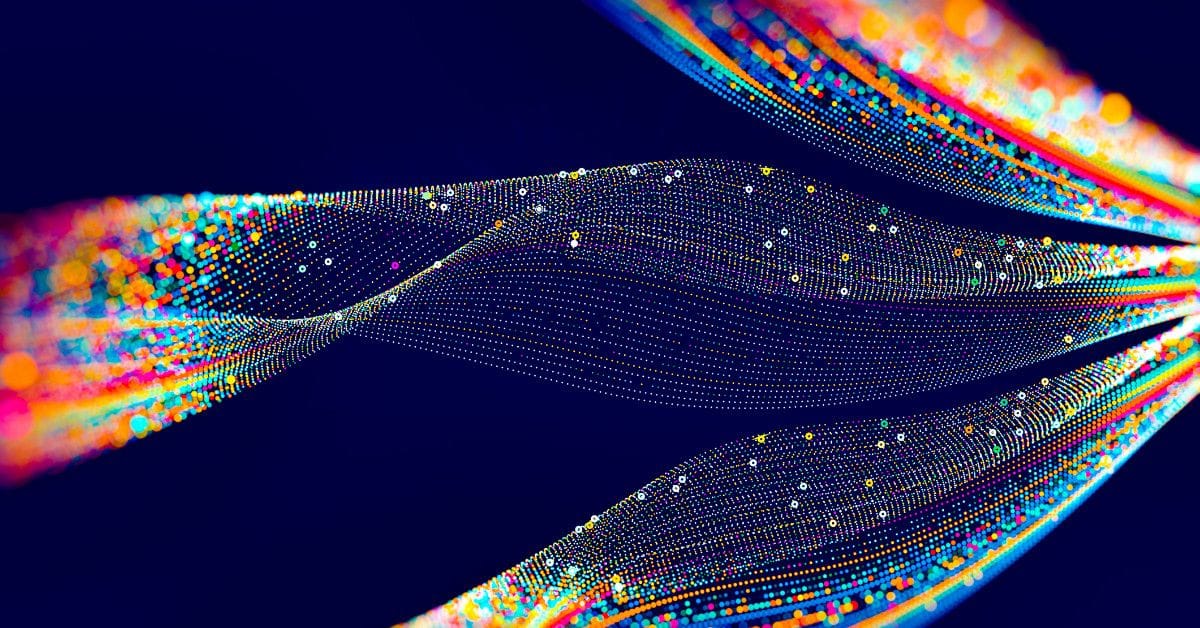 Abstract visualization of flowing, layered waves composed of multicolored light dots, creating a sense of motion on a dark blue background.
